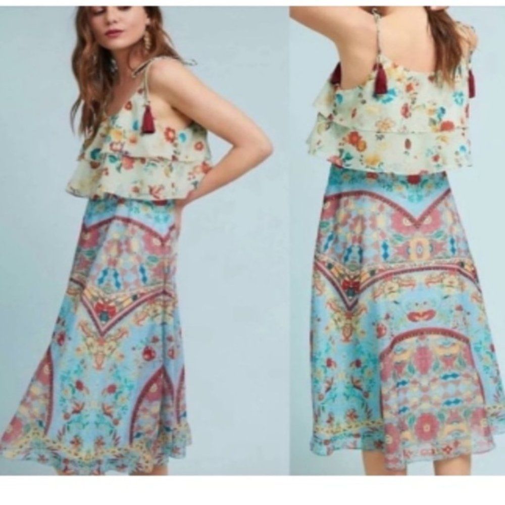 Anthropologie Hermandt & Nandita Green Floral Tiered Sundress | Size M
